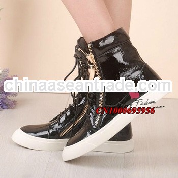 Boasting women sneakers high top booties bling black patemt leather sneakers gold spikes zip casual 