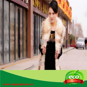 White elegant female long style raccoon skin coat